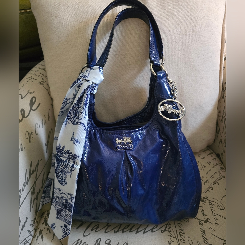 Coach Shiny Royal Blue Patent Leather Shoulder Bag with White Scarf